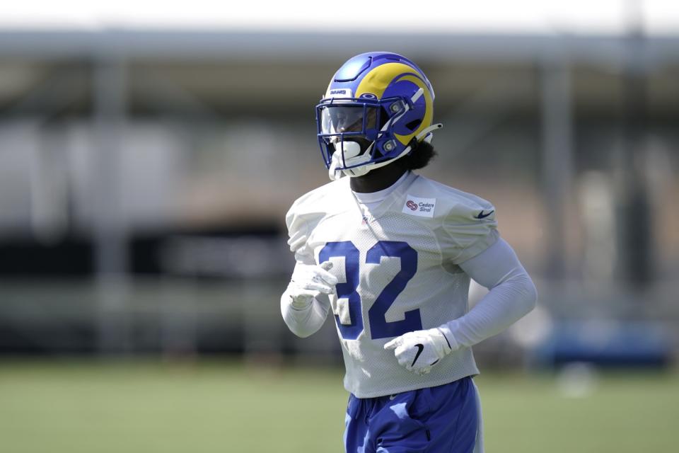 Rams safety Jordan Fuller runs a camp drill.