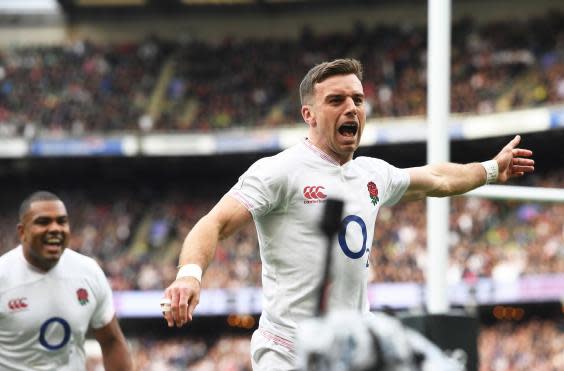 George Ford celebrates scoring the opening try of the match (EPA)