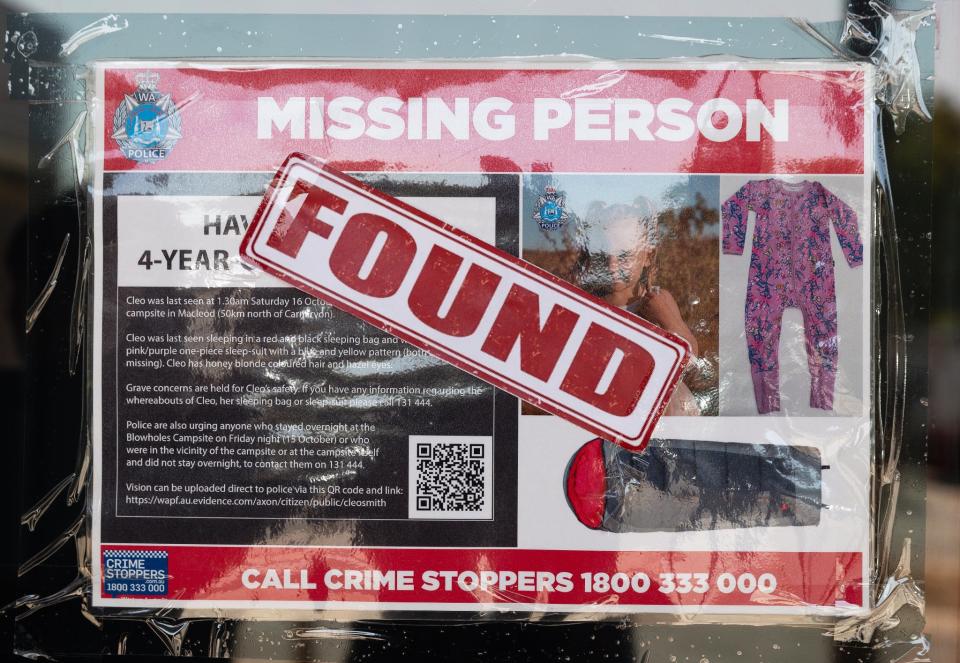 A Missing Person poster for Cleo Smith outside the police station in Carnarvon, Australia has had a ‘FOUND’ sticker placed over it (EPA)