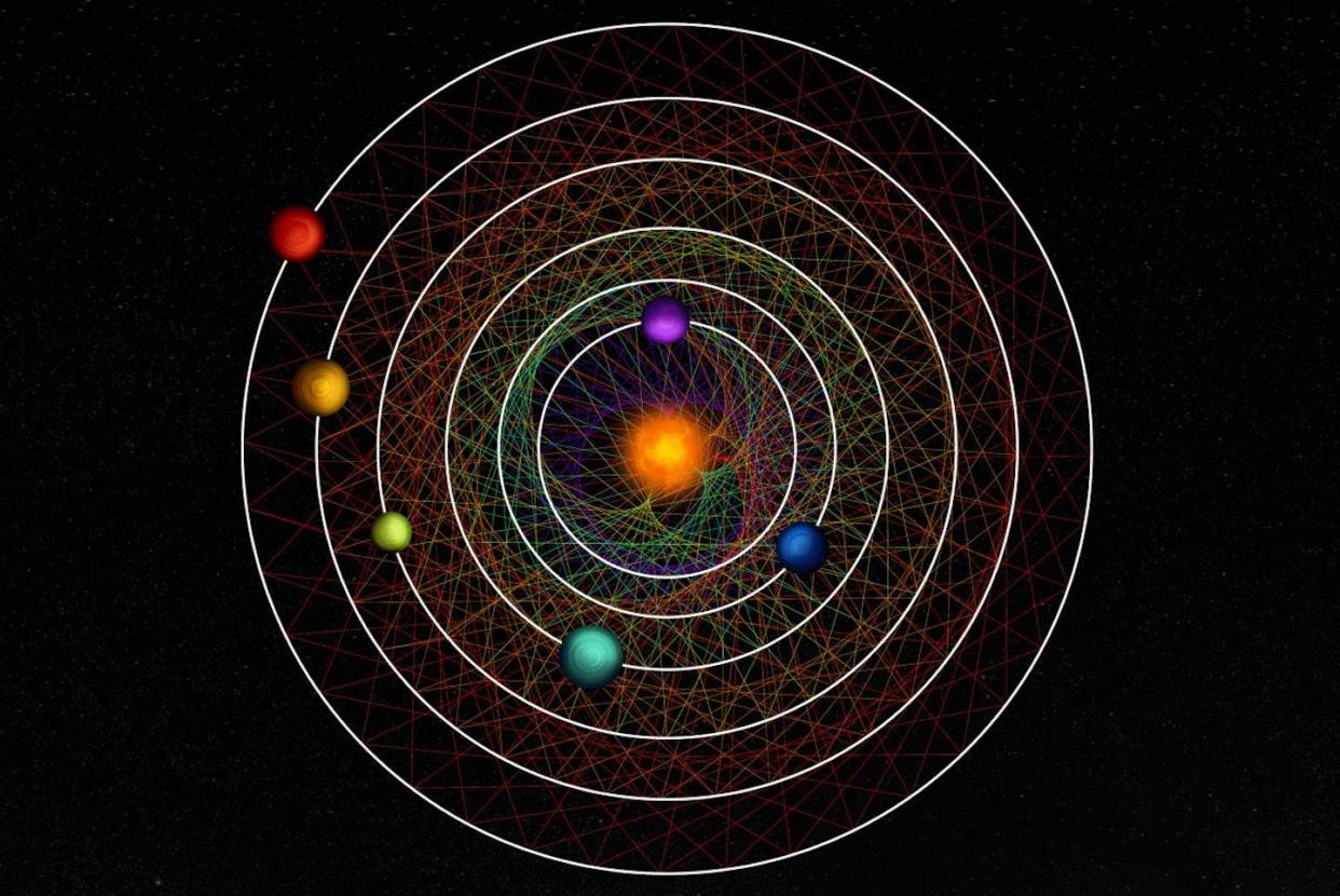 El problema de los tres cuerpos consiste en determinar el movimiento de tres cuerpos sometidos a la gravedad mutua. Esta ilustración representa los seis planetas del sistema HD110067, que crean juntos un fascinante patrón geométrico. <a href="https://www.iac.es/es/divulgacion/noticias/descubren-la-danza-sincronizada-de-un-sistema-de-seis-planetas" rel="nofollow noopener" target="_blank" data-ylk="slk:Thibaut Roger/NCCR PlanetS;elm:context_link;itc:0;sec:content-canvas" class="link ">Thibaut Roger/NCCR PlanetS</a>, <a href="http://creativecommons.org/licenses/by-sa/4.0/" rel="nofollow noopener" target="_blank" data-ylk="slk:CC BY-SA;elm:context_link;itc:0;sec:content-canvas" class="link ">CC BY-SA</a>