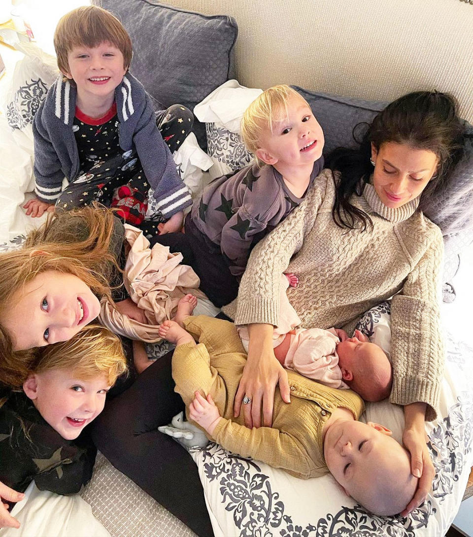 Hilaria posted a family photo after secretly welcoming her and Alec's sixth child together, his seventh. The newborn rested in her lap while older siblings Carmen, Rafael, Leonardo, Romeo and Eduardo crowded around.