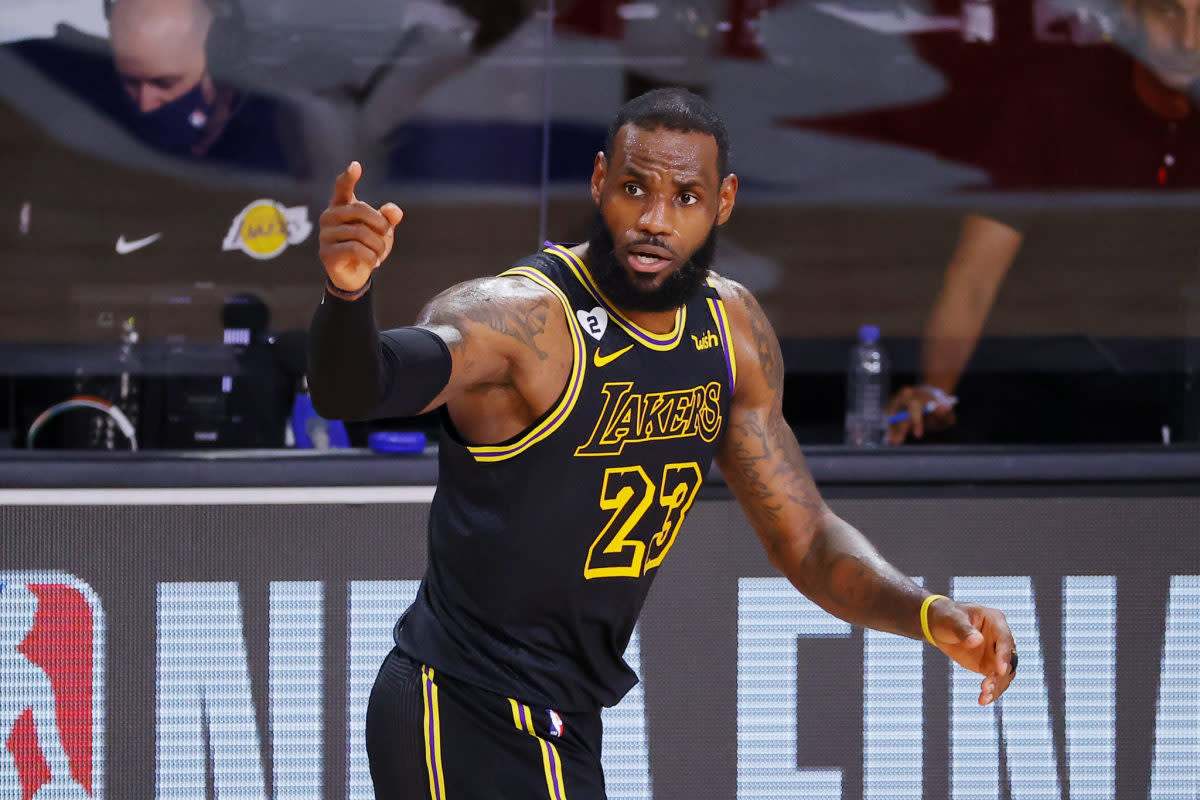 LeBron James in the Los Angeles Lakers Black Mamba alternate uniforms during an NBA FInals game against the Miami Heat.