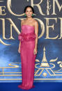 <p>The actress chose a cold-shoulder Giorgio Armani Privé gown accessorised with bespoke Sophia Webster shoes. <em>[Photo: Getty]</em> </p>