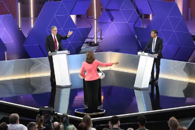 Presenter Mishal Husain with Prime Minister Rishi Sunak and Labour leader Sir Keir Starmer during their BBC head-to-head debate in Nottingham (Jeff Overs/BBC/PA)