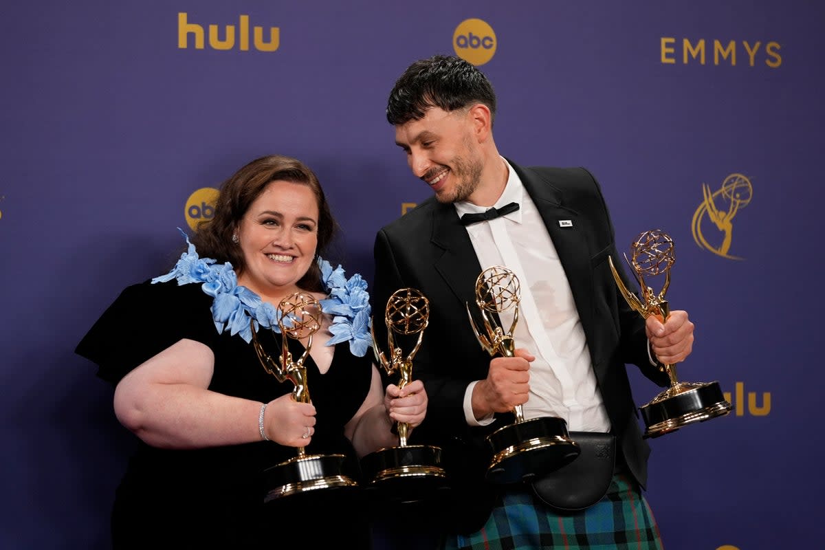 Jessica Gunning, left, winner of the awards for outstanding supporting actress in a limited or anthology series or movie, and outstanding limited or anthology series for Baby Reindeer and Richard Gadd, winner of the awards for outstanding lead actor in a limited or anthology series or movie, and outstanding limited or anthology series for Baby Reindeer (Jae C Hong/AP) (AP)