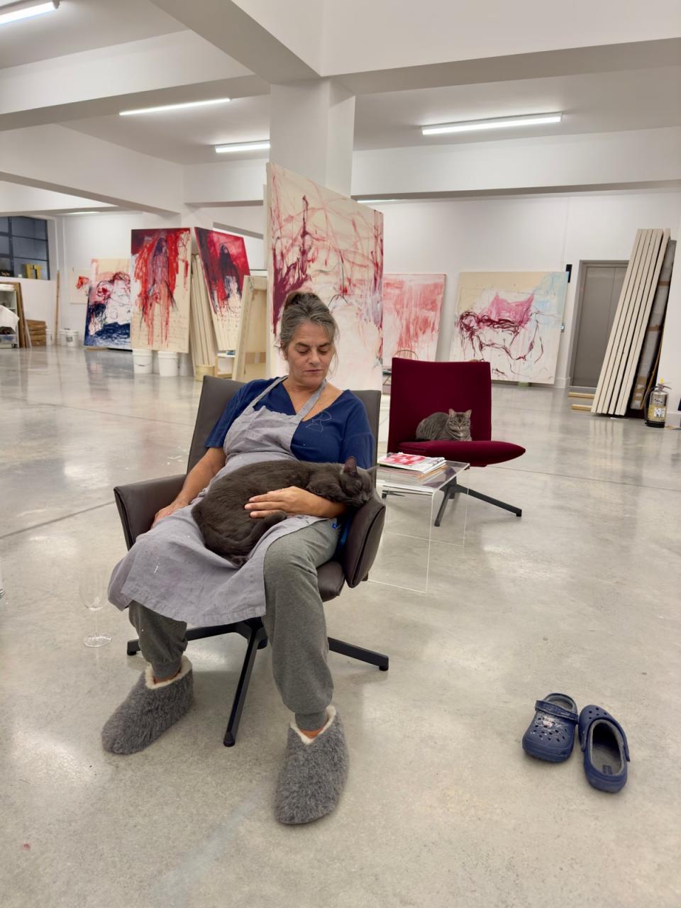 Emin with her feline friends in her Margate studio (Tracey Emin Studio)