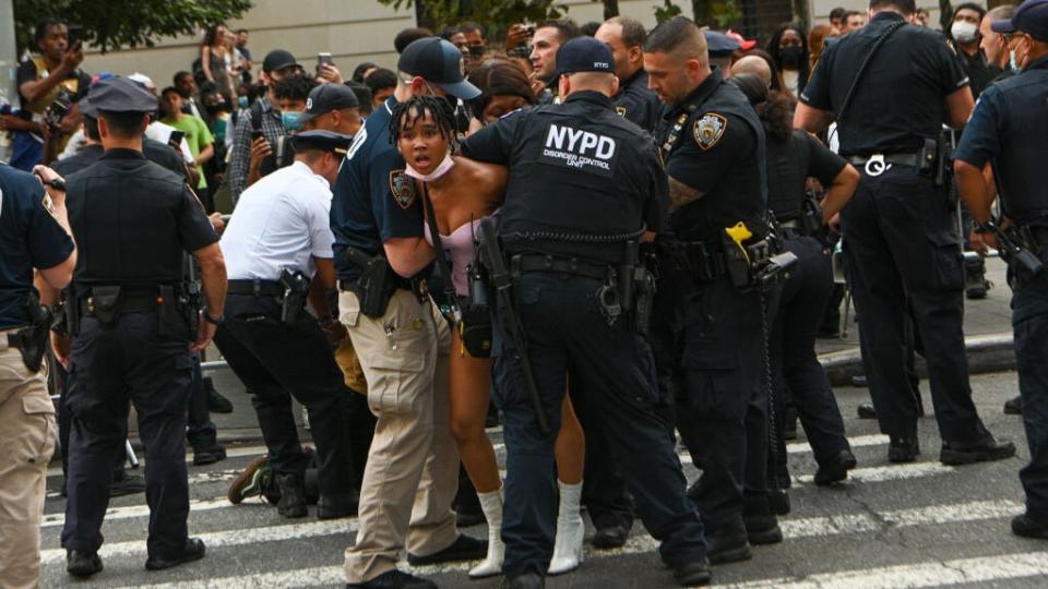 Black Lives Matter protesters are arrested outside The Met Gala at The Metropolitan Museum of Art on September 13, 2021 in New York City. A couple dozen protesters showed up to Protest the Met Gala. (Photo by Alexi Rosenfeld/Getty Images)