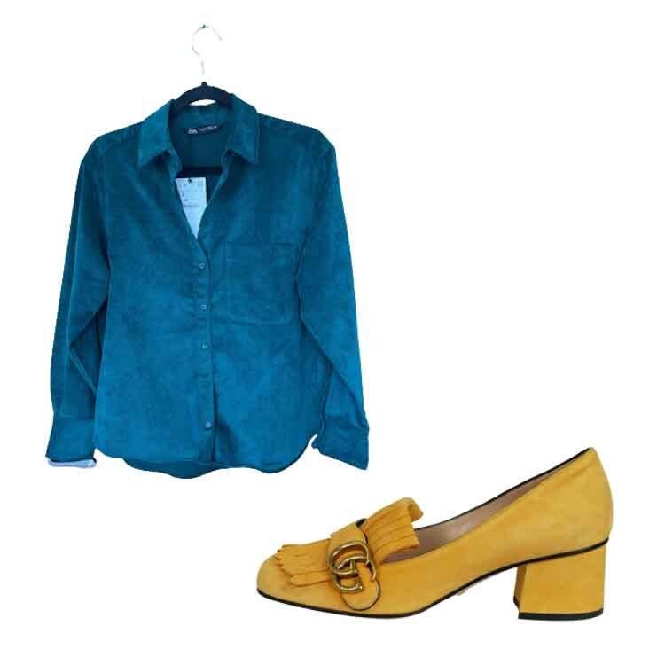 Second-hand corduroy shirt, £13, Zara Resell; Gucci suede loafers, £345, Sign of the Times
