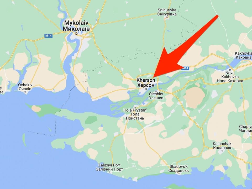 A map showing where the city of Kherson is in relation to the Dnipro river.