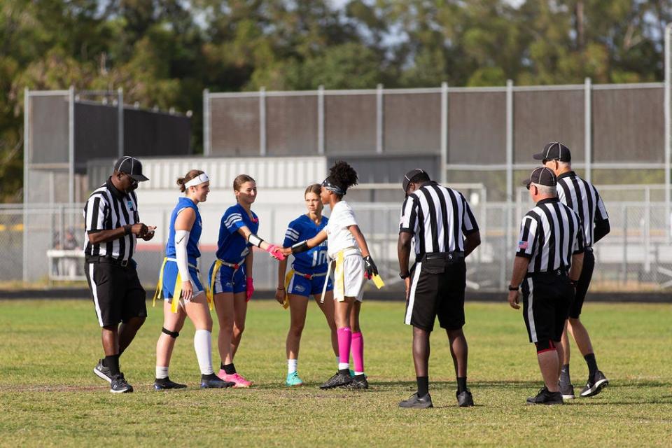 Wellington, Seminole Ridge, Palm Beach Central and Royal Palm Beach flag football teams take part in district semifinal competition on Feb. 9, 2024.