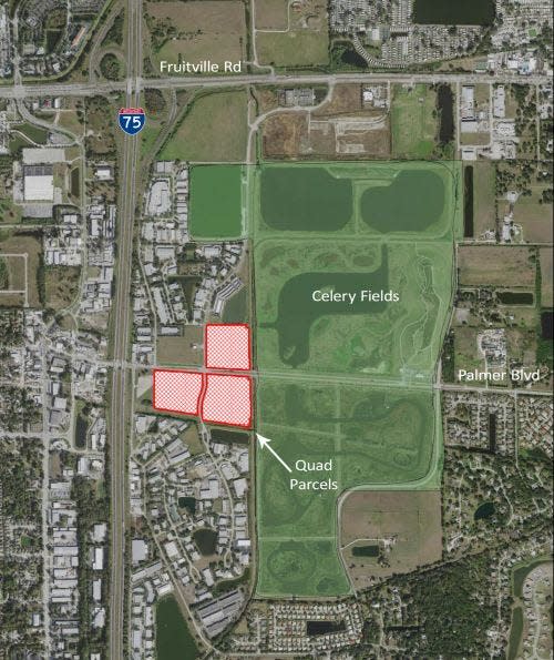 A map showing the Celery Fields and the recently acquired Quad Parcels. The Smith Farm is the plot of land in the southeast corner.