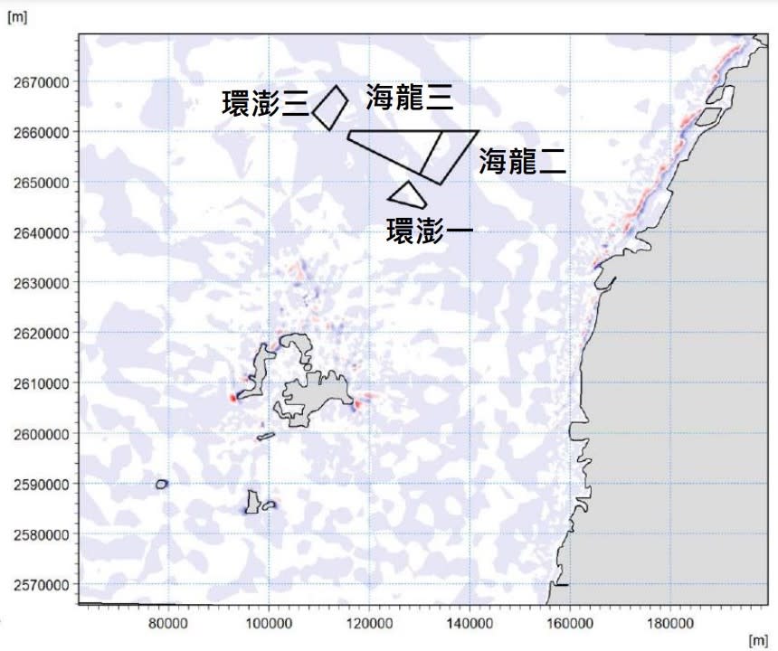 環澎一、三風場與澎湖群島、台灣本島及海龍風場相對位置圖。圖片來源：擷取自環評書件