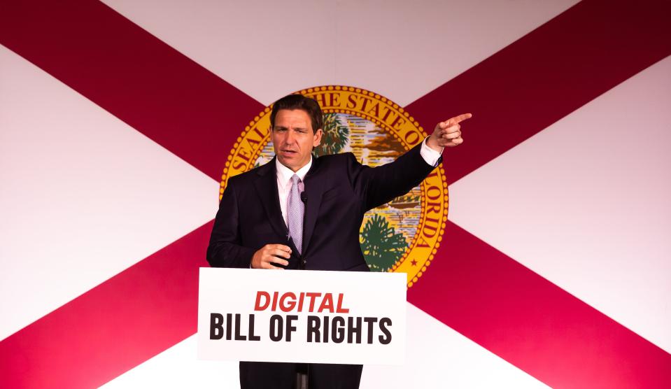 Florida Governor and Presidential Candidate Ron DeSantis held a press conference at the Everglades Recreation in Wildwood, FL, Tuesday morning, June 6, discussing the rights of Floridians and how the state will protect their digital rights. DeSantis signed Senate Bill (SB) 262, creating the Digital Bill of Rights. This was also the first public appearance in Florida since announcing his candidacy for the President of the United States. [Doug Engle/Ocala Star Banner]2023