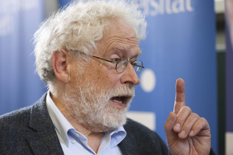 Professor Anton Zeilinger from the University of Vienna attends a news conference at the Institute for Quantum Optics and Quantum Information in Vienna, Austria, Tuesday, Oct. 4, 2022. The Nobel Prize in physics was awarded to three scientists, Alain Aspect, John F. Clauser and Anton Zeilinger for their work on quantum information science.(AP Photo/Theresa Wey)