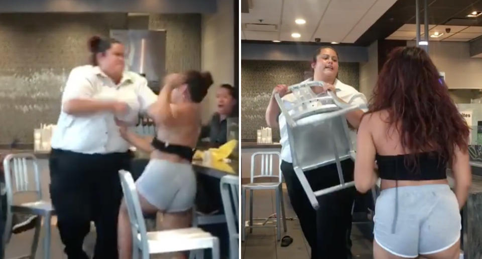 The brawl unfolded in the middle of the McDonald’s dining area. Source: Instagram / bxbyness