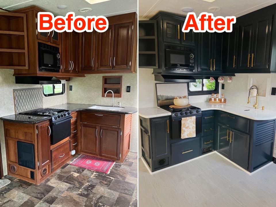 Before and after photos show the RV kitchen