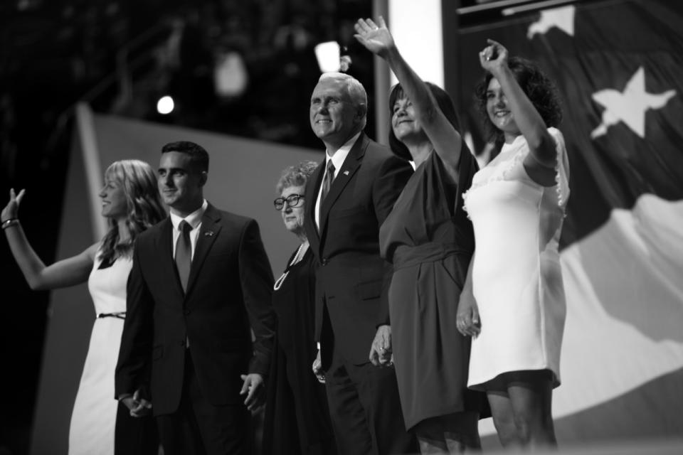 <p>Gov. Mike Pence is joined by his family after his acceptance speech. (Photo: Khue Bui for Yahoo News)</p>