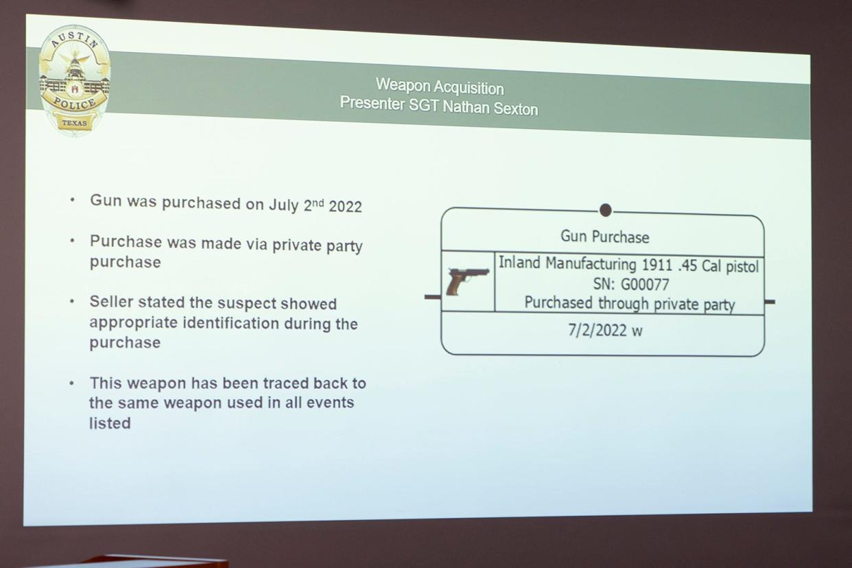 Information about the weapon acquisition is displayed on the screen as the Austin Police Department briefs members of the press about the incidents that occurred on December 5, 2023 during a press conference at the Austin Police Department Tuesday, Dec. 12, 2023.