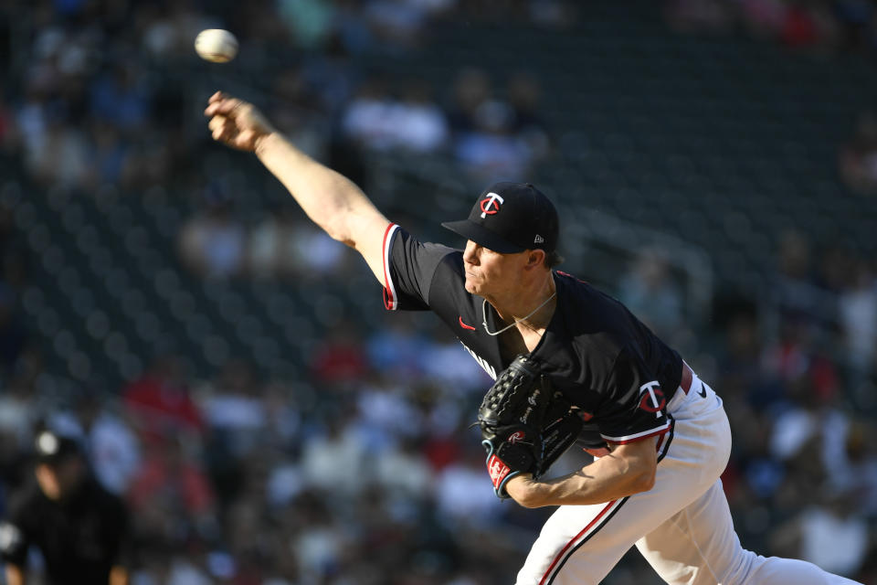 Minnesota Twins pitcher Sonny Gray throws against the Cleveland Guardians during the first inning of a baseball game, Saturday, June 3, 2023, in Minneapolis. (AP Photo/Craig Lassig)