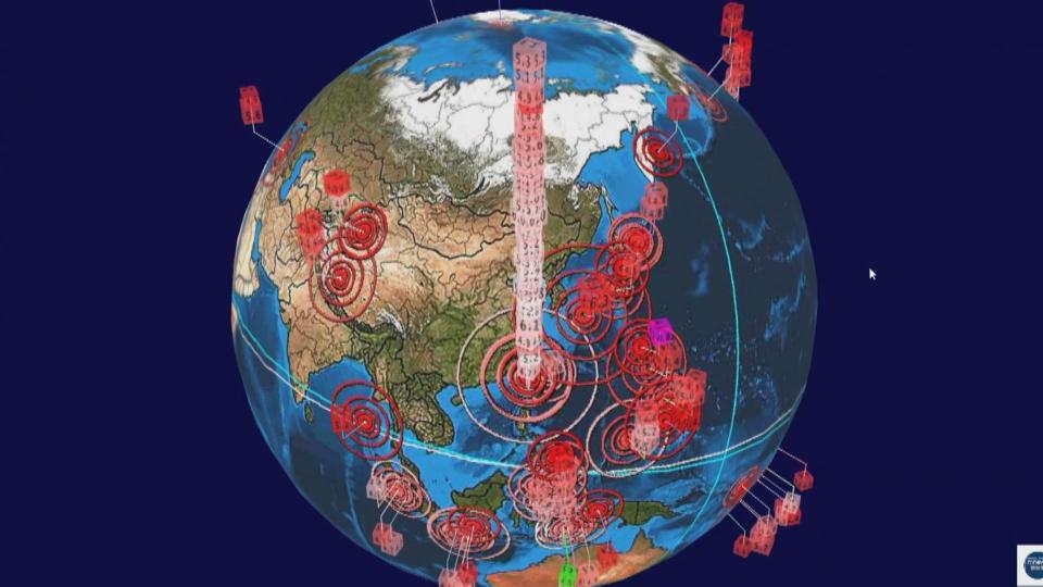 403強震後，餘震累積破千次。（翻攝自全球3D地震圖網）
