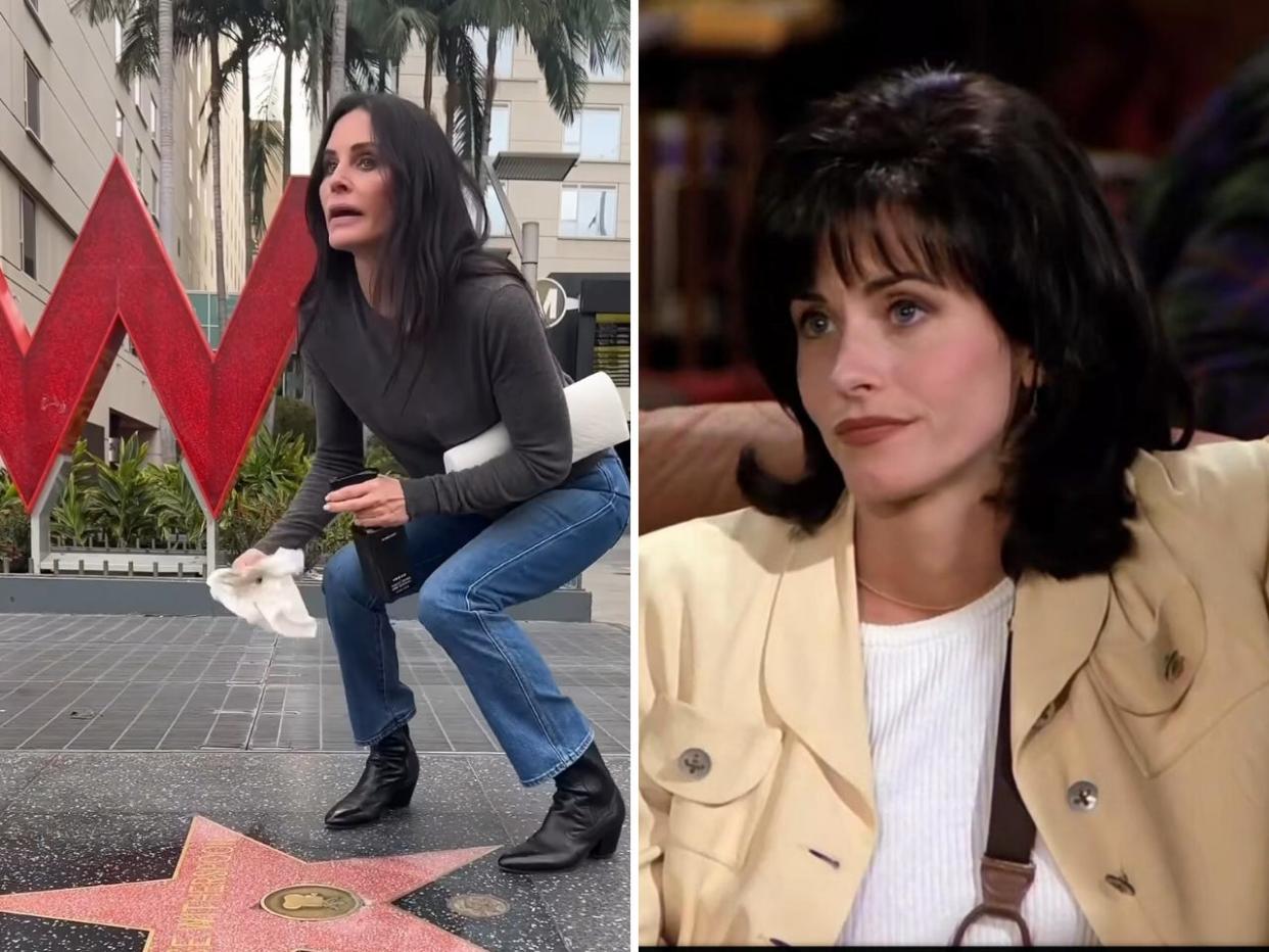 Courteney Cox cleaning Reese Witherspoon's Hollywood star and portraying Monica Geller in Friends.