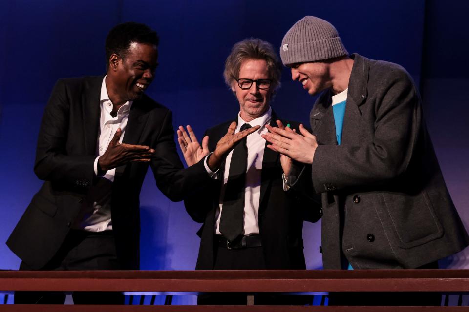 Chris Rock (L), Dana Carvey (C) and Pete Davidson (R) attend the 24th Annual Mark Twain Prize For American Humor at the John F. Kennedy Center for the Performing Arts in Washington, DC, on March 19, 2023.