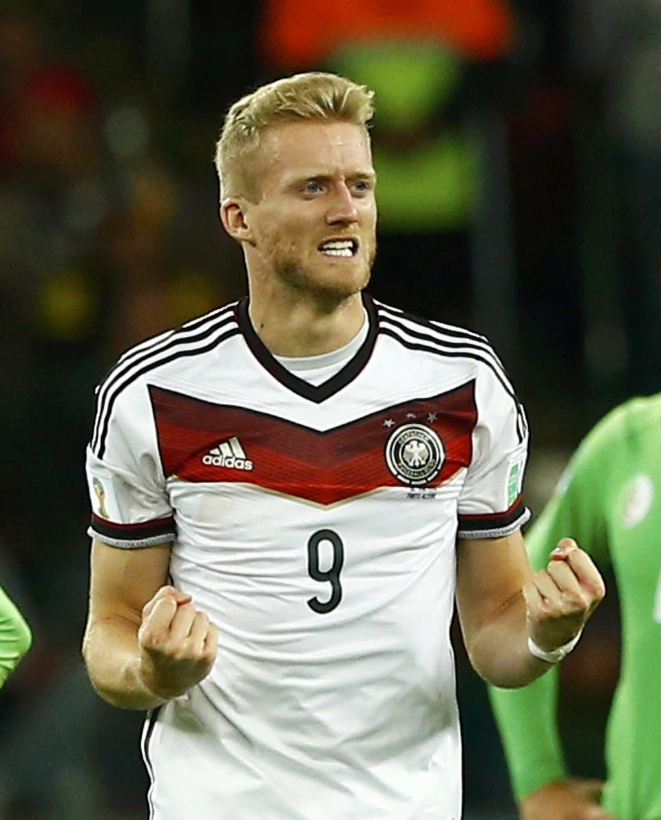 Germany's Andre Schuerrle celebrates after scoring a goal against Algeria during extra time in their 2014 World Cup round of 16 game at the Beira Rio stadium in Porto Alegre June 30, 2014. REUTERS/Darren Staples