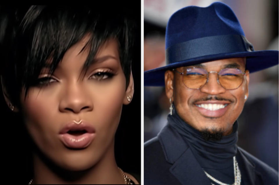 Left: Rihanna sings in her music video for "Take A Bow," right: Ne-Yo poses at the Pride Of Britain Awards 2021