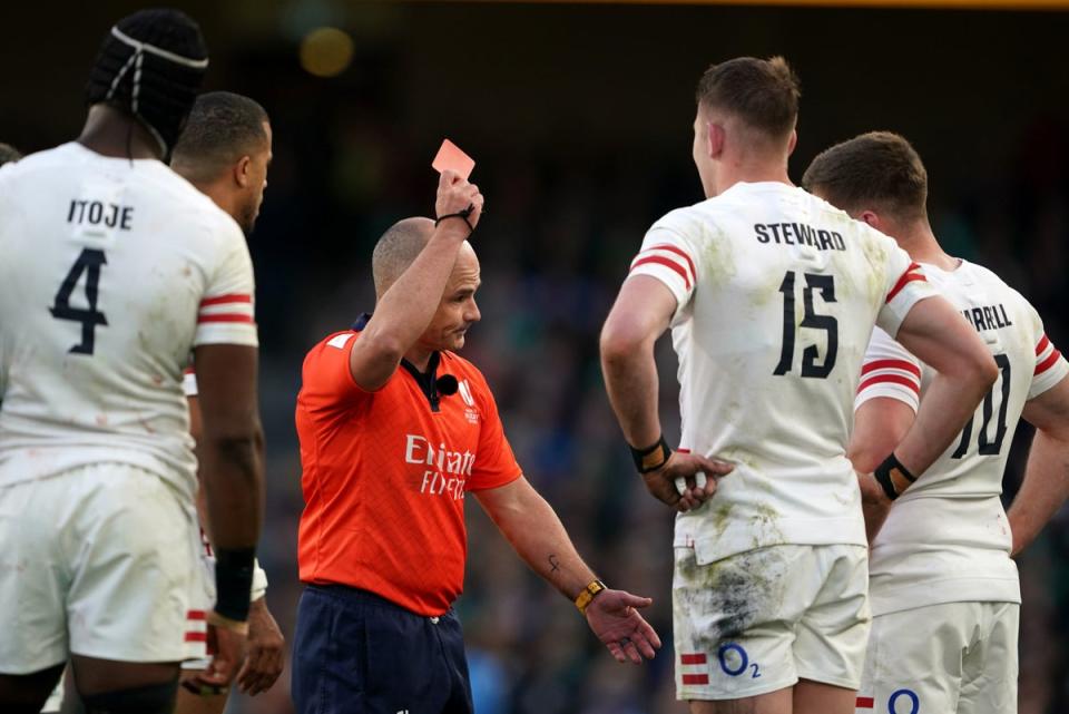 Freddie Steward was controversially sent off late in the first half of England’s defeat to Ireland (PA)