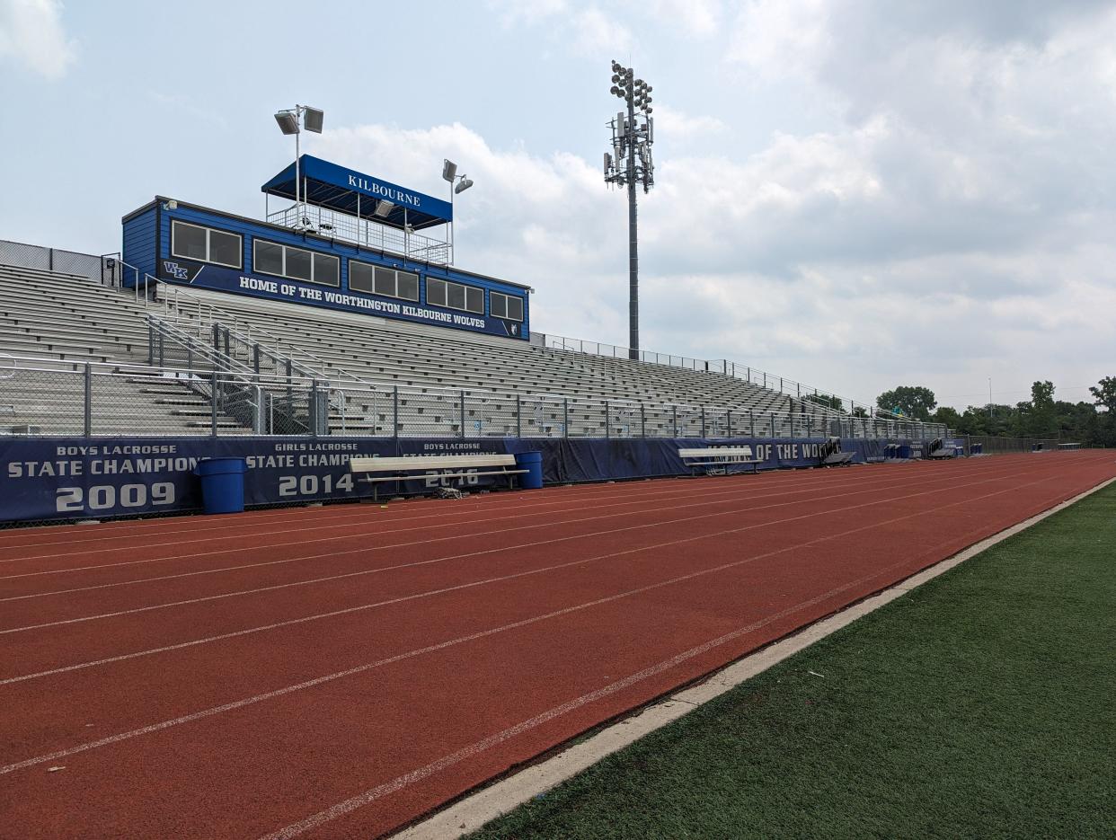The press box, home bleachers and track at Worthington Kilbourne's Ron Hopper Stadium are shown on July 18, 2023.