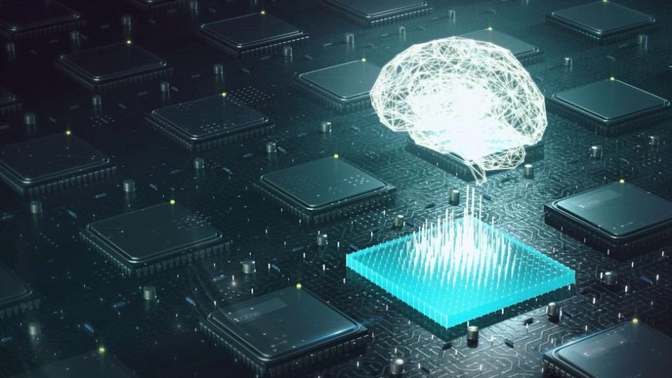 Ilustración de un cerebro conectándose a un chip.