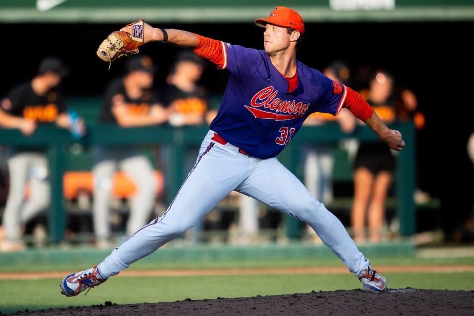 Clemson’s Caden Grice (31) throws a pitch during a NCAA baseball regional game between Tennessee and Clemson held at Doug Kingsmore Stadium in Clemson, S.C., on Saturday, June 3, 2023.