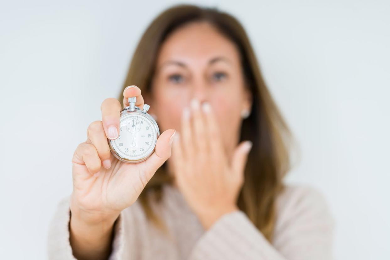 French, Spanish and Japanese are spoken faster than German, Vietnamese and Mandarin, with English somwhere in the middle. <a href="https://www.gettyimages.com/detail/photo/middle-age-woman-holding-stopwatch-isolated-royalty-free-image/1143706747" rel="nofollow noopener" target="_blank" data-ylk="slk:Aaron Amat/iStock/Getty Images Plus;elm:context_link;itc:0;sec:content-canvas" class="link ">Aaron Amat/iStock/Getty Images Plus</a>