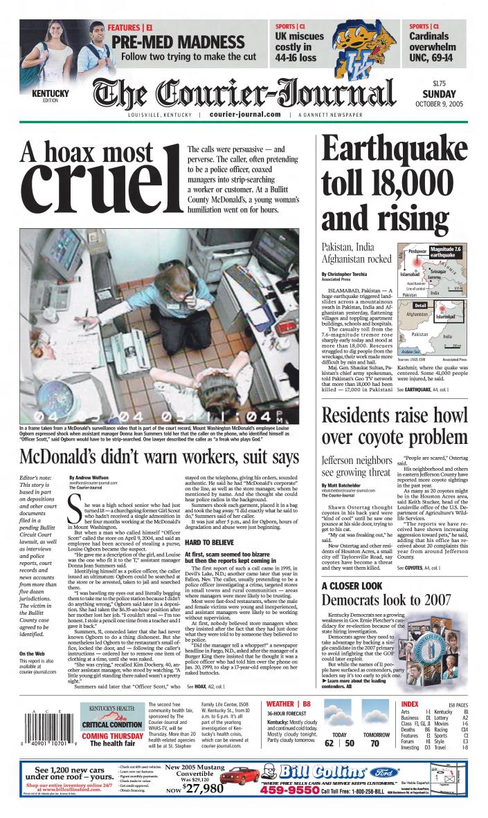 A page from the Oct. 9, 2005, edition of The Courier Journal breaking the story of the McDonald&#39;s hoax call that duped managers into strip-searching a teen worker in Mount Washington, Kentucky.