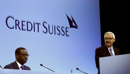 Chief Executive Tidjane Thiam listens to the speech of Chairman Urs Rohner (R) of Swiss bank Cedit Suisse during the annual shareholder meeting in Zurich, Switzerland April 29, 2016. REUTERS/Arnd Wiegmann/File Photo