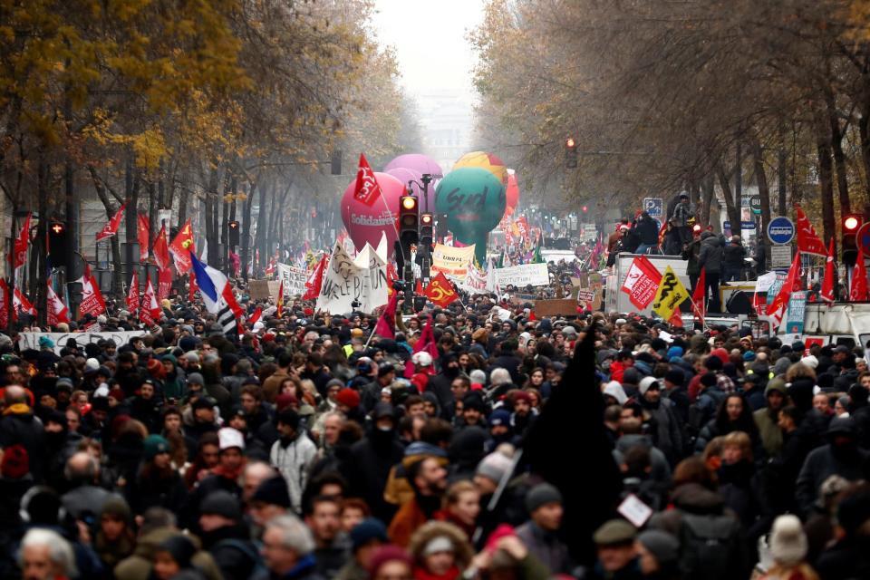 A general view shows protesters during a demonstration against French government's pensions reform plans in Paris as part of a day of national strike and protests in France, December 5, 2019