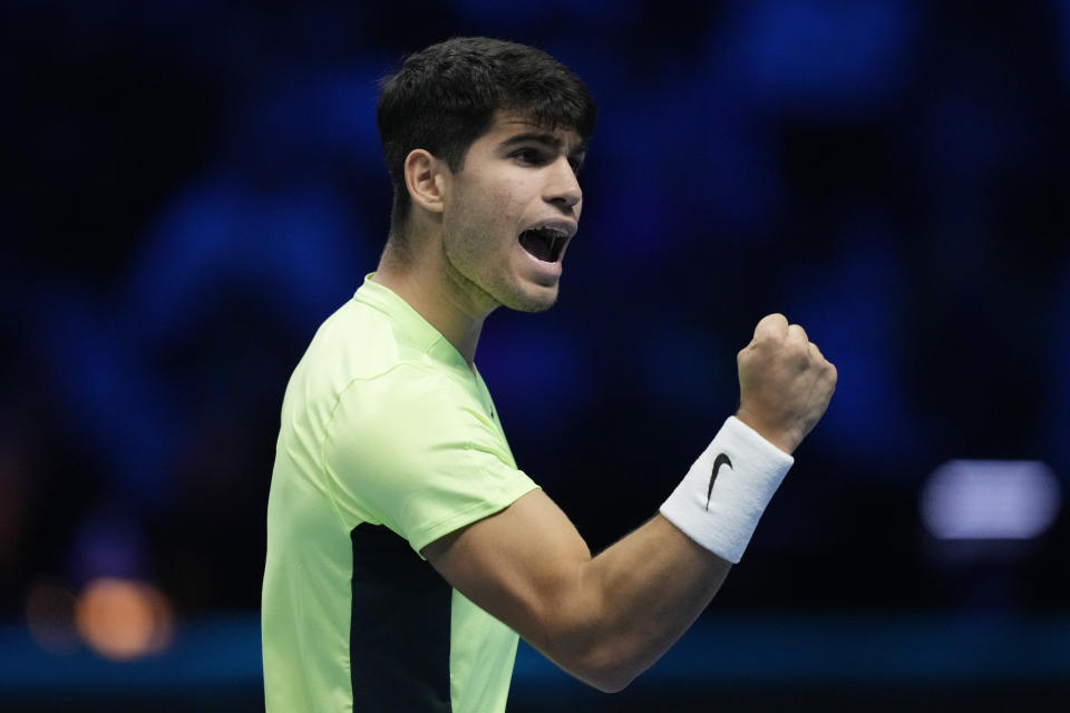 Spain's Carlos Alcaraz reacts during the singles tennis match against Russia's Andrej Rublev, of the ATP World Tour Finals at the Pala Alpitour, in Turin, Italy, Wednesday, Nov. 15, 2023. (AP Photo/Antonio Calanni)