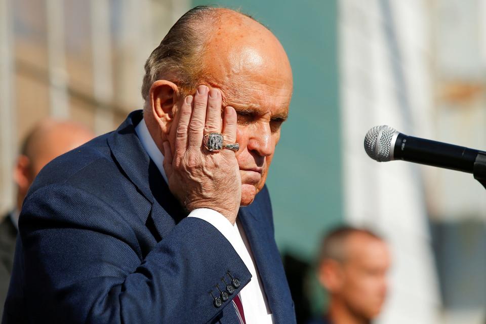 Former New York City Mayor Rudy Giuliani, personal attorney to President Donald Trump, appears in Philadelphia on Nov. 7 after Democratic nominee Joe Biden was projected as the winner of the 2020 presidential election. (Eduardo Munoz / Reuters)