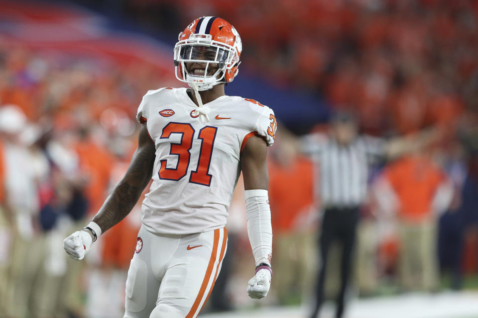 Clemson cornerback Mario Goodrich (31) celebrates after a defensive stop during the third quarter of the team's NCAA football game against Syracuse in Syracuse, N.Y., Friday, Oct. 15, 2021. (AP Photo/Joshua Bessex)