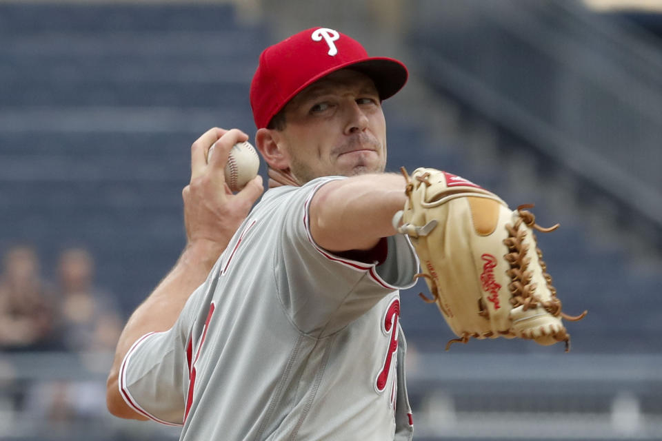 Philadelphia Phillies starting pitcher Drew Smyly throws against the Pittsburgh Pirates during the first inning of a baseball game, Sunday, July 21, 2019, in Pittsburgh. (AP Photo/Keith Srakocic)