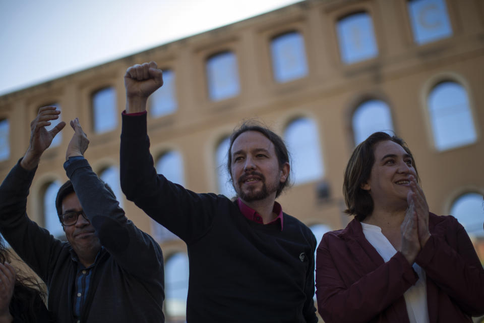 In this Wednesday, April 24, 2019 photo, Podemos party leader Pablo Iglesias, takes part in an electoral meeting in Barcelona, Spain. Five years ago Pablo Iglesias was supposed to lead a leftist takeover of Spain. Now, the pony-tailed former TV politics commentator is struggling to keep his far-left United We Can party from breaking apart. (AP Photo/Emilio Morenatti)