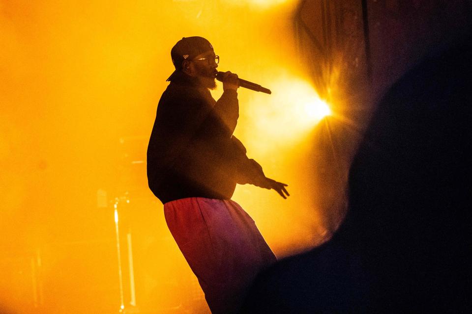 Kendrick Lamar performs on the Orange Stage during Roskilde Festival 2023 music festival.