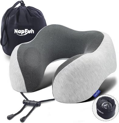 A memory foam neck pillow with an ergonomic design