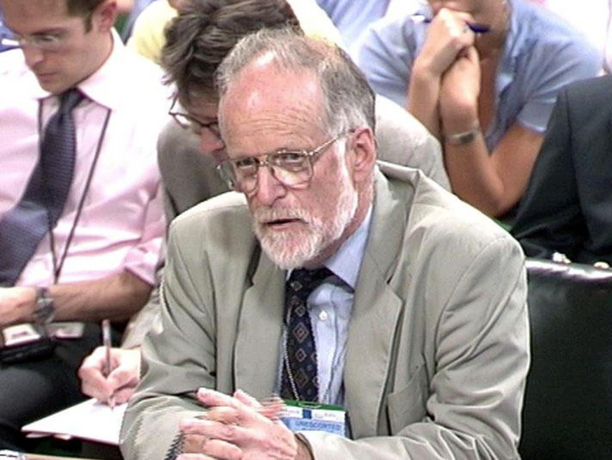 Microbiologist Dr David Kelly during questioning by the Commons select comittee (PA)