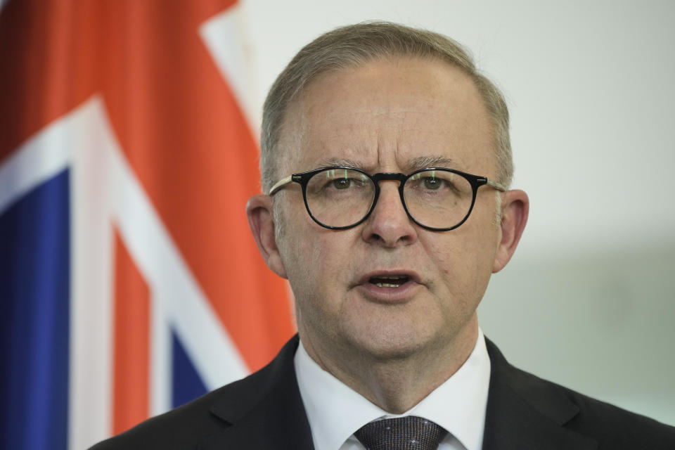 Australian Prime Minister Anthony Albanese briefs the media during a joint news conference with German Chancellor Olaf Scholz after a meeting at the chancellery in Berlin, Germany, Monday, July 10, 2023. (AP Photo/Markus Schreiber)