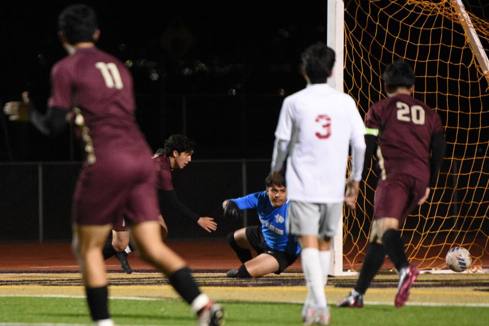 Adelanto’s Rodrigo Orozco scores a goal against Granite Hills during the second half on Tuesday, Jan. 23, 2024, at Julian Weaver Stadium in Adelanto. Adelanto and Granite Hills played to a 1-1 draw in the Desert Sky League showdown.