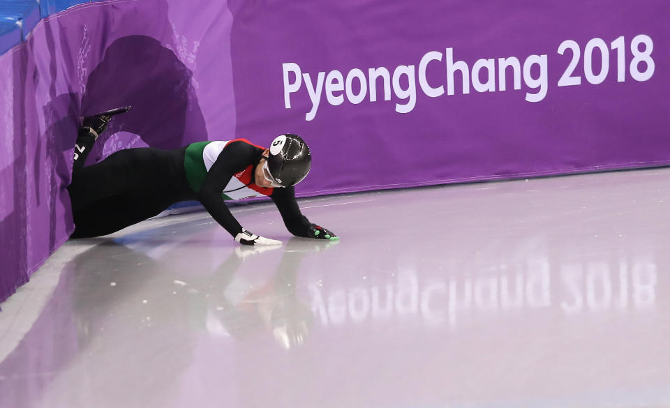 <p>Shaoang Liu of Hungary crashes during the Men’s 1000m Short Track Speed Skating qualifying on day four of the PyeongChang 2018 Winter Olympic Games at Gangneung Ice Arena on February 13, 2018 in Gangneung, South Korea. (Photo by Richard Heathcote/Getty Images) </p>