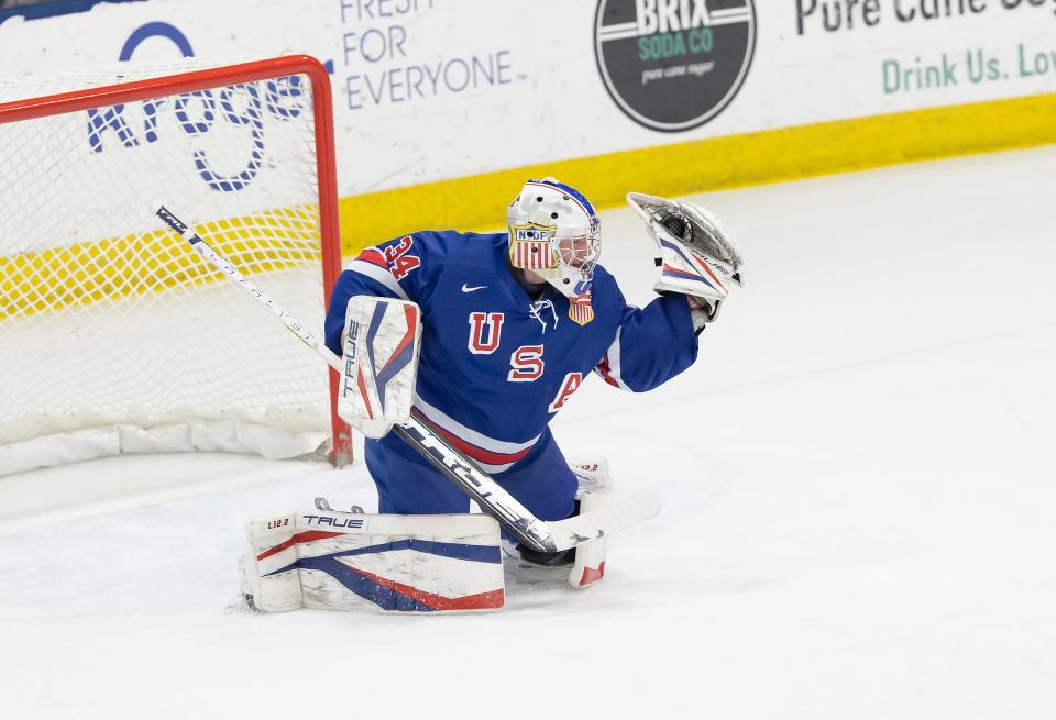 Soon-to-be Michigan State freshman goaltender Trey Augustine makes a save during a game with the United States National Team. Augustine is expected to go in the second or third round of the 2023 NHL Draft.
