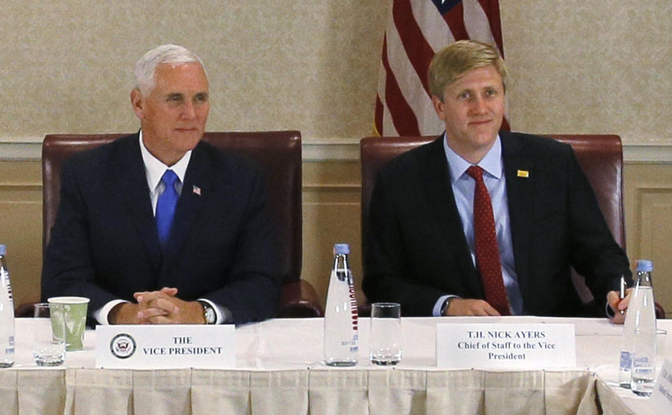 FILE - In this Aug. 1, 2017 file photo, Vice President Mike Pence, left, attends a meeting with Georgia opposition leaders in Tbilisi, Georgia. Chief of Staff to the Vice President, Nick Ayers, is right. A seasoned campaign veteran at age 36, Ayers is emerging as a leading contender to replace White House chief of staff John Kelly, whose departure has long been the subject of speculation.(Zurab Kurtsikidze/Pool Photo via AP)