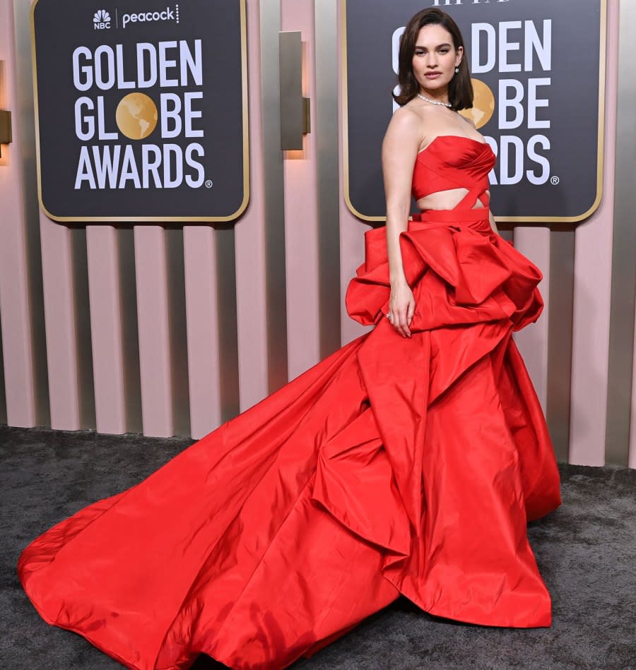 Lily James Fires Up the Golden Globes Red Carpet in Scarlet Gown